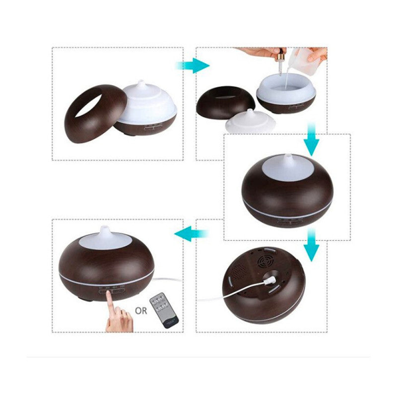 Difuzor de ulei esential reglaj vapori, 7 culori LED, 4 setari de timp, 550 ml, Maro