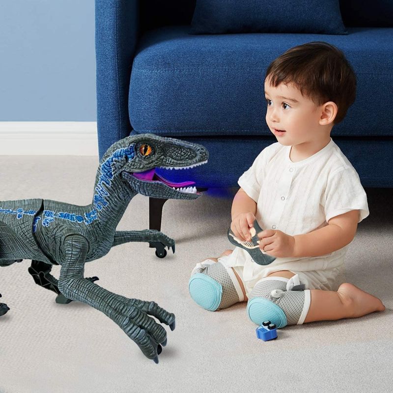 Figurina Dinozaur cu telecomanda, mers pe jos, Velociraptor cu lumini si sunet, Gri, +6 ani