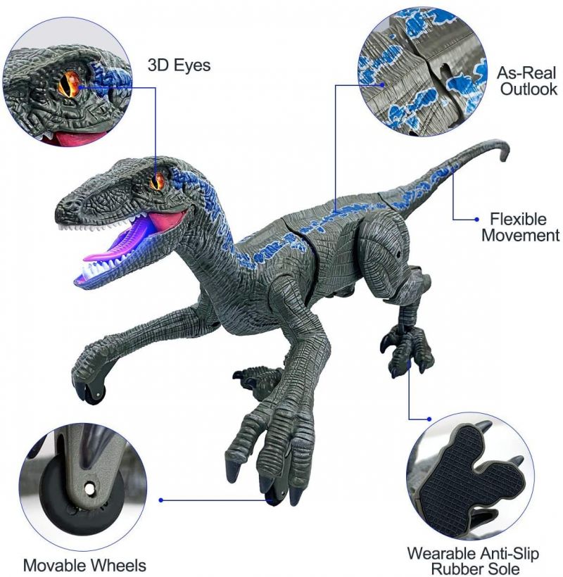 Figurina Dinozaur cu telecomanda, mers pe jos, Velociraptor cu lumini si sunet, Gri, +6 ani