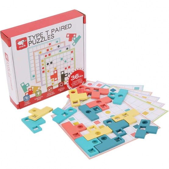 Joc logic Tetris din lemn cu modele T-Paired, Montessori, 3+ ani