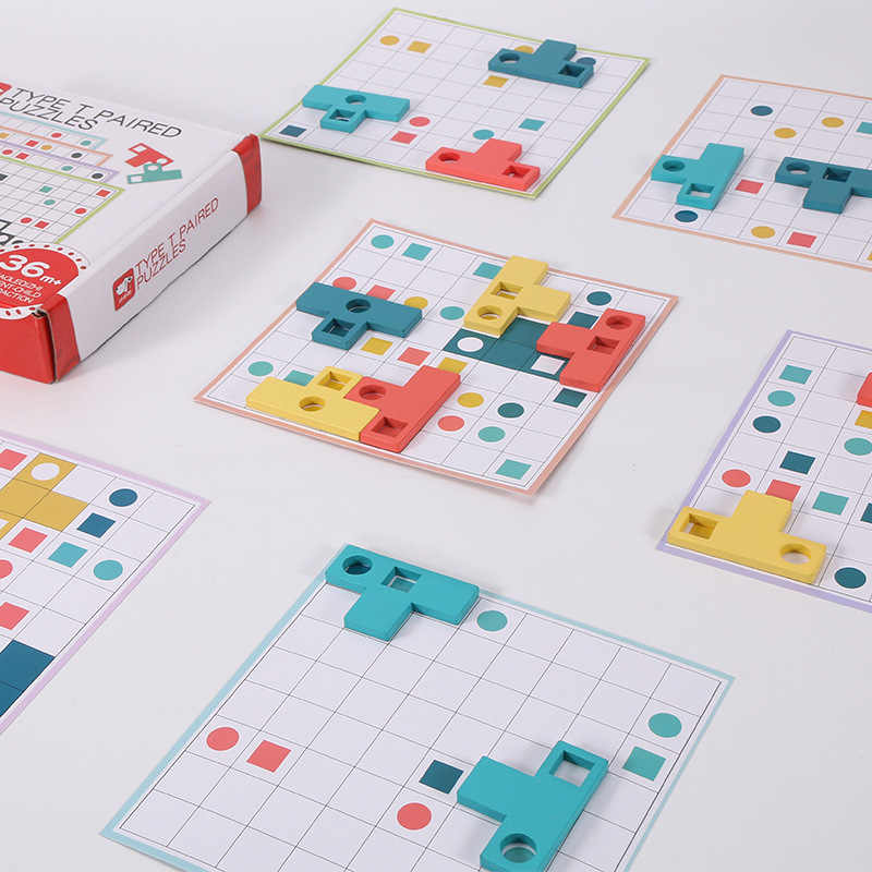 Joc logic Tetris din lemn cu modele T-Paired, Montessori, 3+ ani