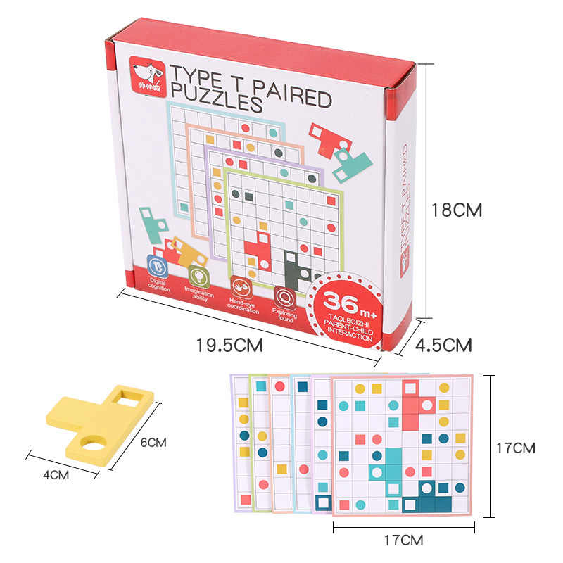 Joc logic Tetris din lemn cu modele T-Paired, Montessori, 3+ ani