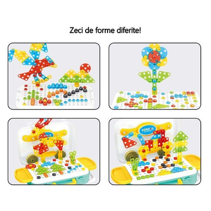 Jucarie educativa pentru copii, set 258 piese, 6 in 1, valiza cu bormasina, multicolor