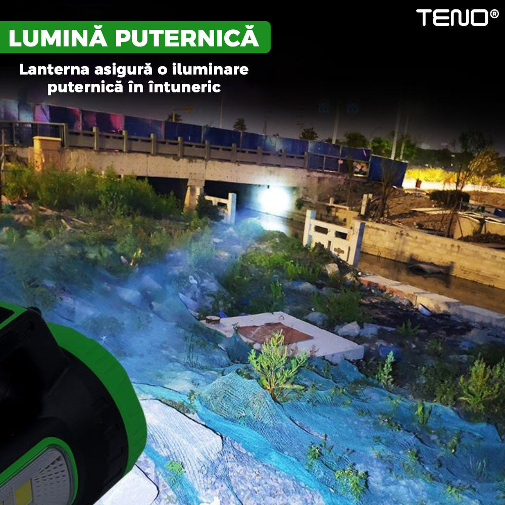 Lanterna Solara de Camping Teno270, 2 moduri de alimentare, 5 moduri de iluminare, portabila, pentru drumetii, port USB, reincarcabila, verde