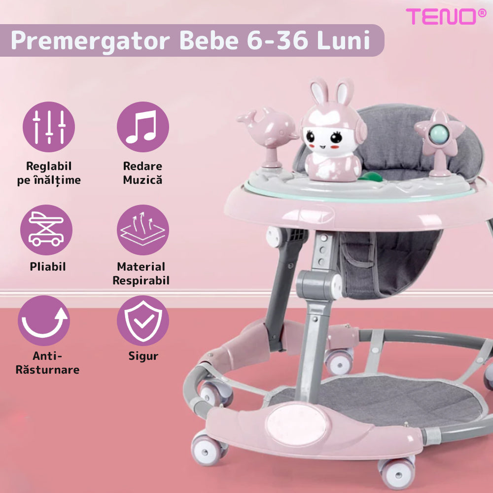 Premergator Multifunctional pentru Bebelusi Teno29, tava cu 3 jucarii, muzica, reglabil, pliabil, greutate max 20kg, 6-36 luni, roz