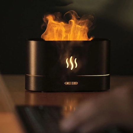 Difuzor Aromaterapie Si Umidificator Ultrasonic Cu Efect Flacara, Touch, Silentios, Negru, 180ML