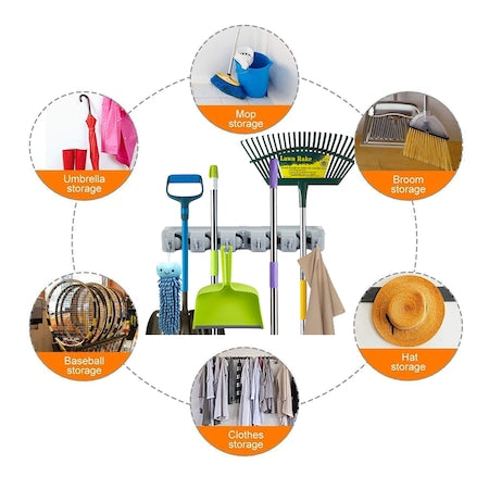 Suport multifunctional de perete pentru maturi si mop, 5 spatii pentru unelte si 6 cuiere, sistem ingenios de agatare
