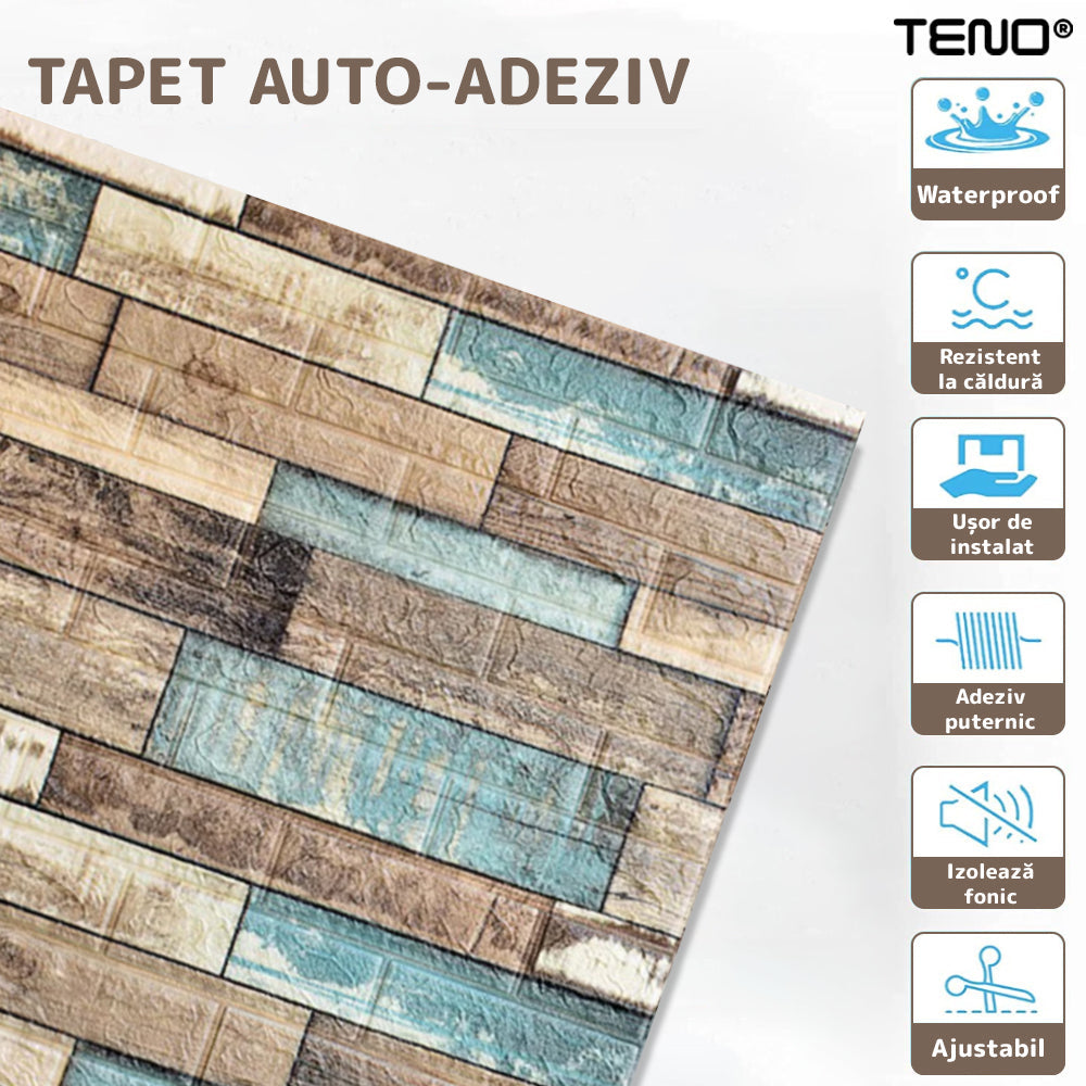 Set Tapet 3D Teno81, Model Lemn, suprafata acoperire 5.3 mp, autoadeziv, waterproof, usor de montat, design modern, 70x77 cm, multicolor
