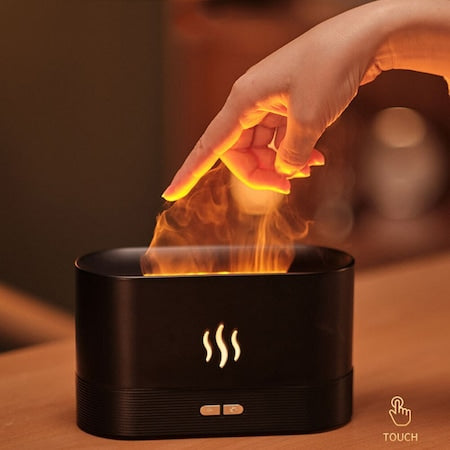 Difuzor Aromaterapie Si Umidificator Ultrasonic Cu Efect Flacara, Touch, Silentios, Negru, 180ML