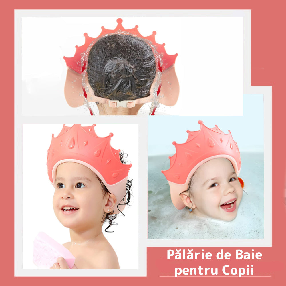 Palarie de Baie pentru Copii Teno310, protectie impotriva samponului pentru ochi si urechi, reglabila, forma coroana rege/regina, roz