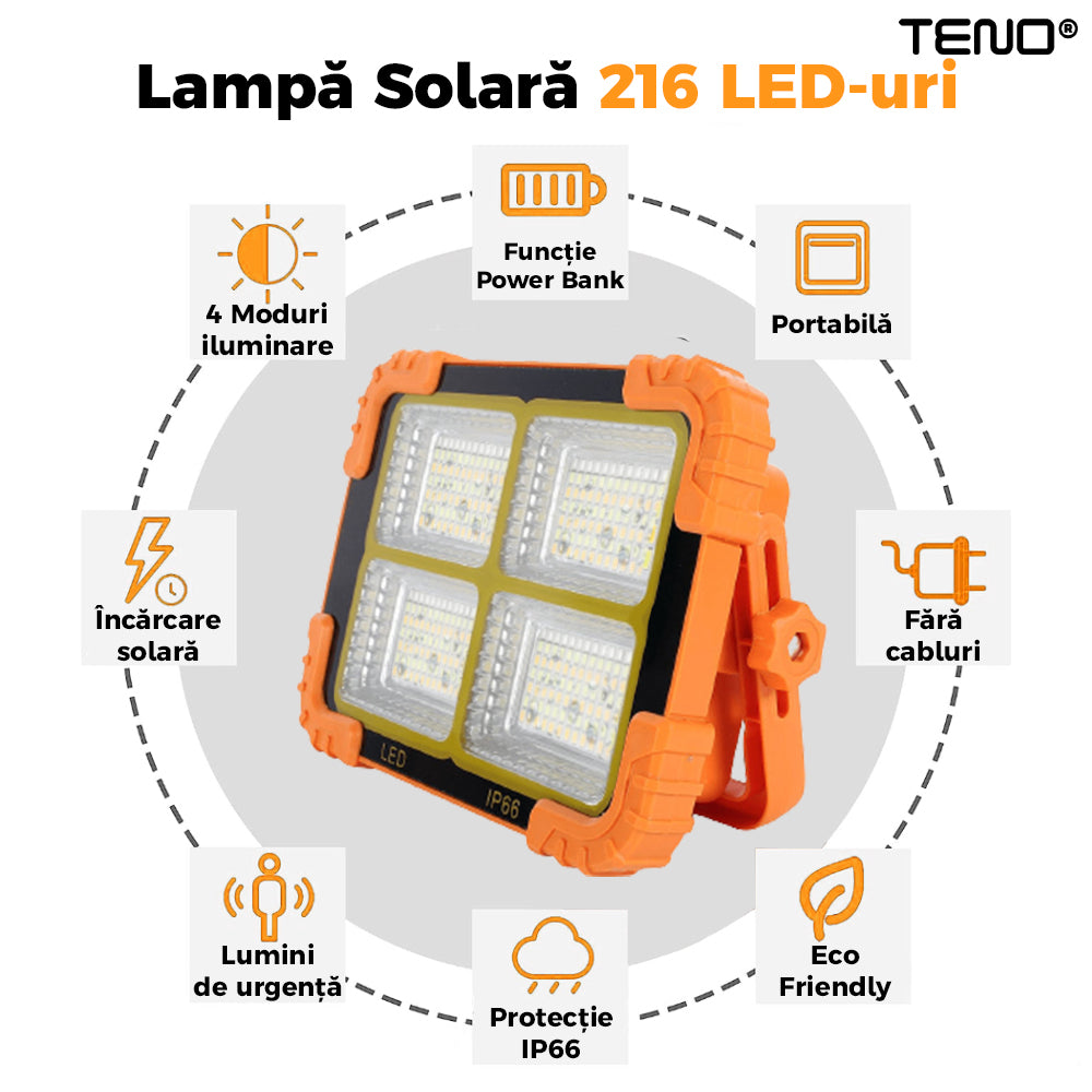 Lampa Solara 216 LED-uri Teno267, 4 moduri de iluminare, protectie IP66, lumini de urgenta, power bank, portabila, Waterproof, exterior, portocaliu
