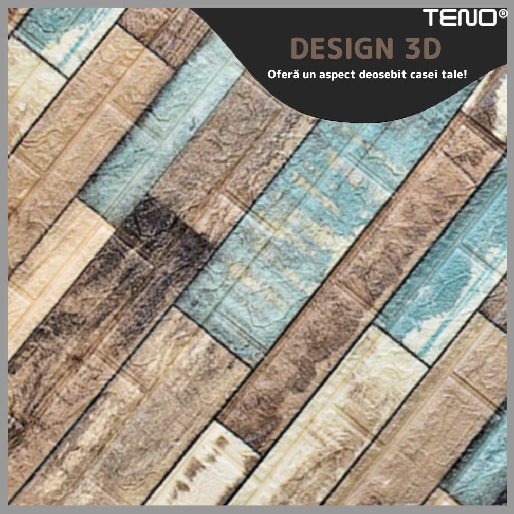 Set Tapet 3D Teno81, Model Lemn, suprafata acoperire 5.3 mp, autoadeziv, waterproof, usor de montat, design modern, 70x77 cm, multicolor