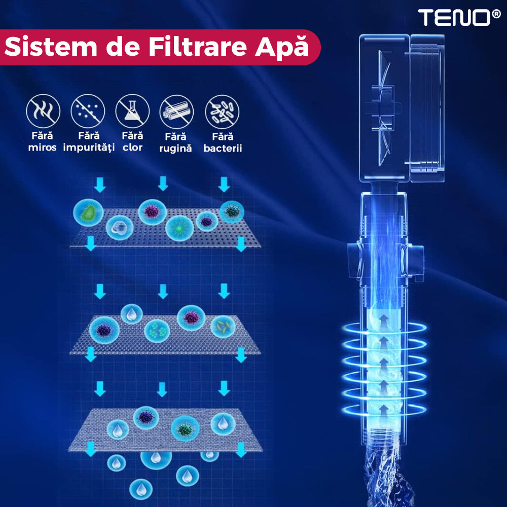 Para de Dus Turbo Teno200, 2 filtre extra, buton On/Off, presiune ajustabila, filtrare apa, jet uniform, cap Rotativ 360°, rosu