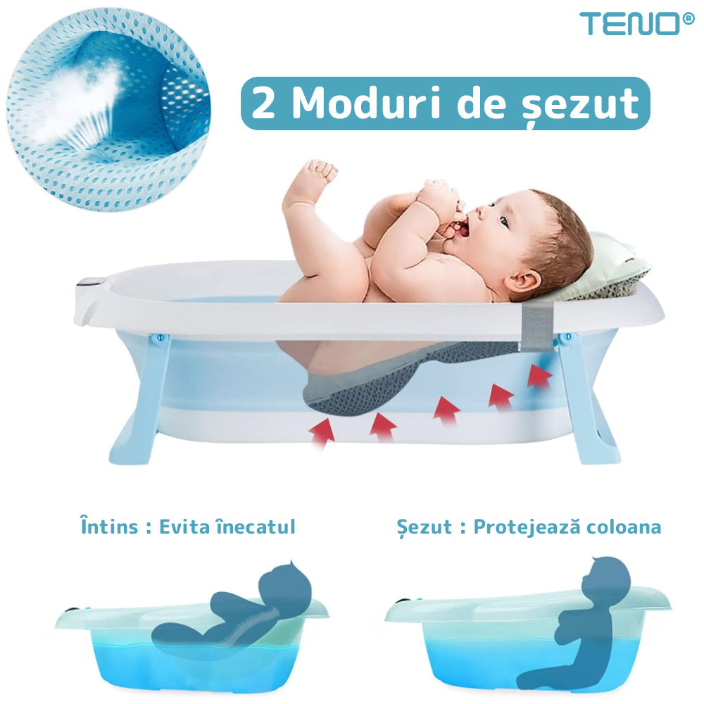 Cadita cu Pernuta pentru Bebelusi Teno42, termometru digital incorporat, pliabila, dop de scurgere, picioare anti-alunecare, design ergonomic, 75 x 45 x 22 cm, albastru