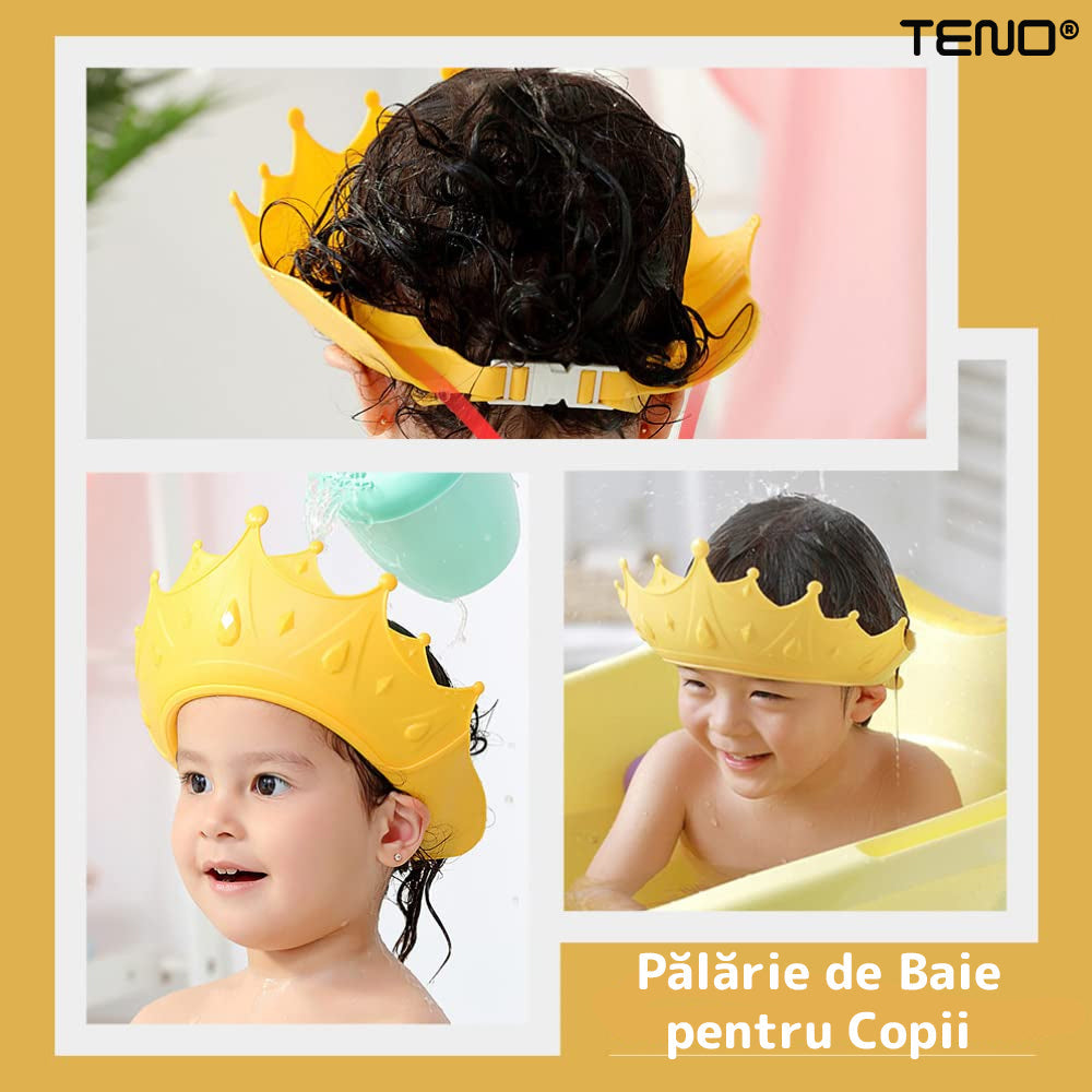 Palarie de Baie pentru Copii Teno217, protectie impotriva samponului pentru ochi si urechi, reglabila, forma coroana rege/regina, galben