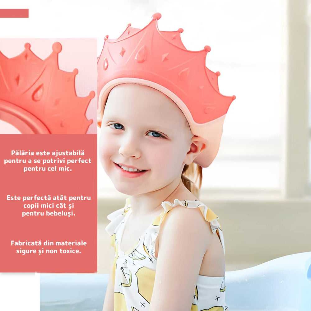 Palarie de Baie pentru Copii Teno310, protectie impotriva samponului pentru ochi si urechi, reglabila, forma coroana rege/regina, roz
