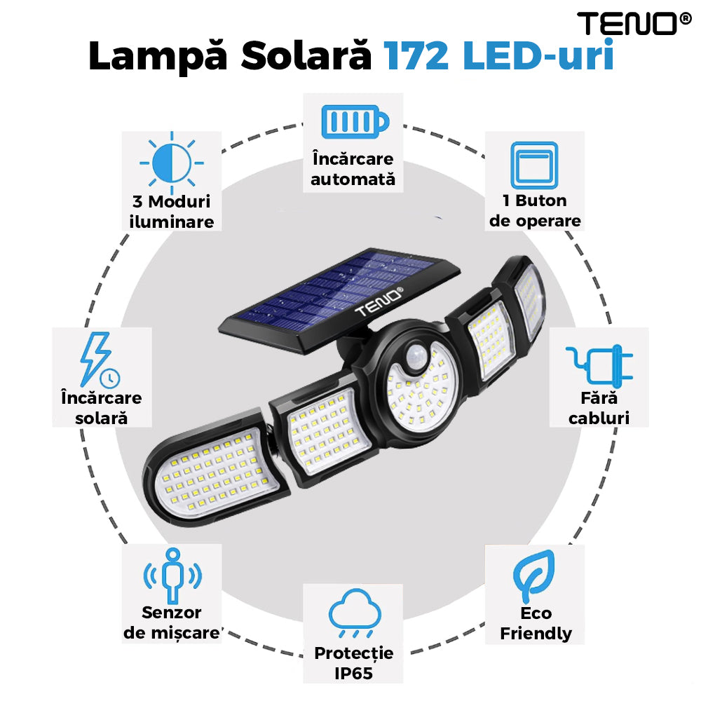 Lampa Solara 172 LED-uri Teno265, 5 Capete, senzor de miscare, 3 moduri de iluminare, protectie IP65, Waterproof, exterior, negru