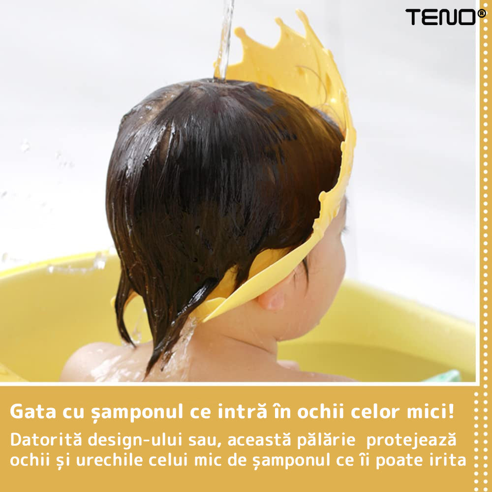 Palarie de Baie pentru Copii Teno217, protectie impotriva samponului pentru ochi si urechi, reglabila, forma coroana rege/regina, galben