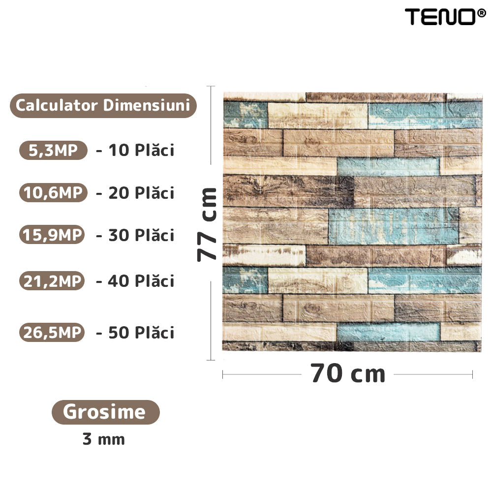Set Tapet 3D Teno81, Model Lemn, suprafata acoperire 5.3 mp, autoadeziv, waterproof, usor de montat, design modern, 70x77 cm, multicolor