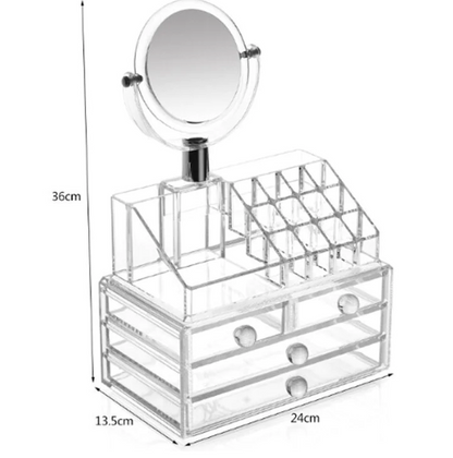 Organizator pentru Cosmetice cu Oglinda si 19 compartimente, transparent