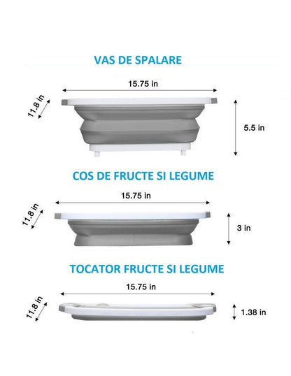 Tocator multifunctional, pliabil, cu dop, 40 x 30 x 3 cm, culoare alb/gri