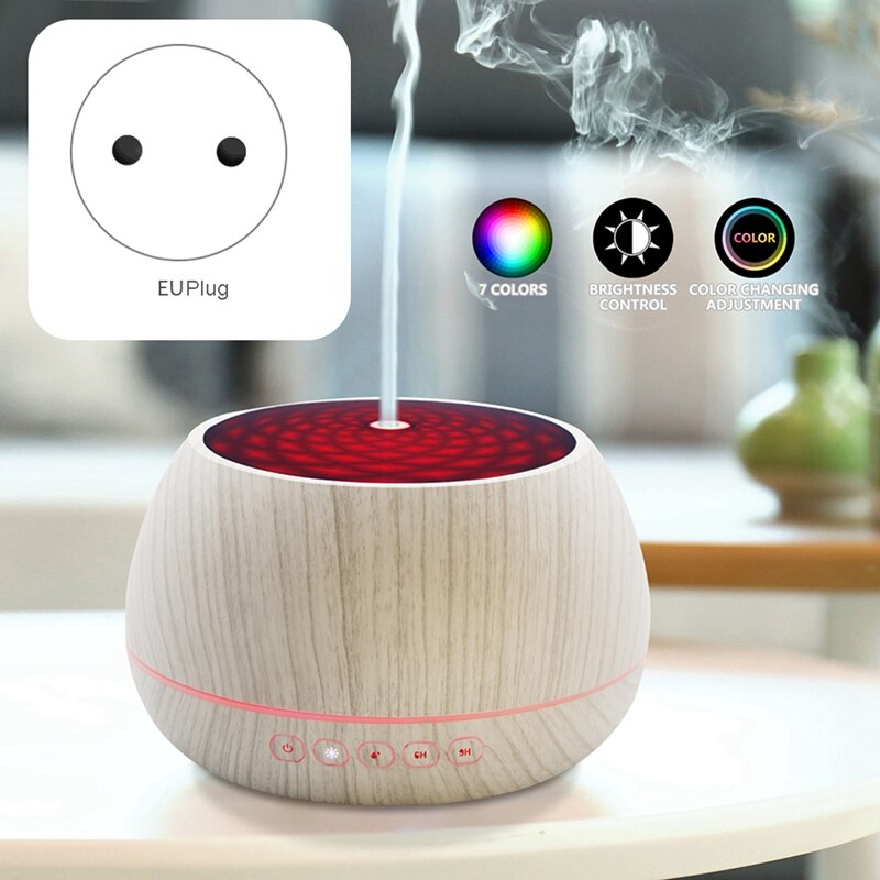 Umidificator/Difuzor aromaterapie cu ultrasunete, 1000 ml, 7 culori programabil, lemn alb/maro